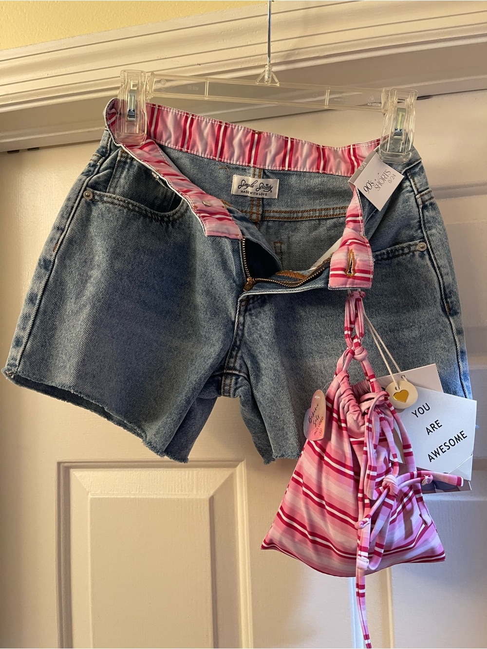 Simple Society Light Blue Denim Shorts with Two Piece Bikini Set